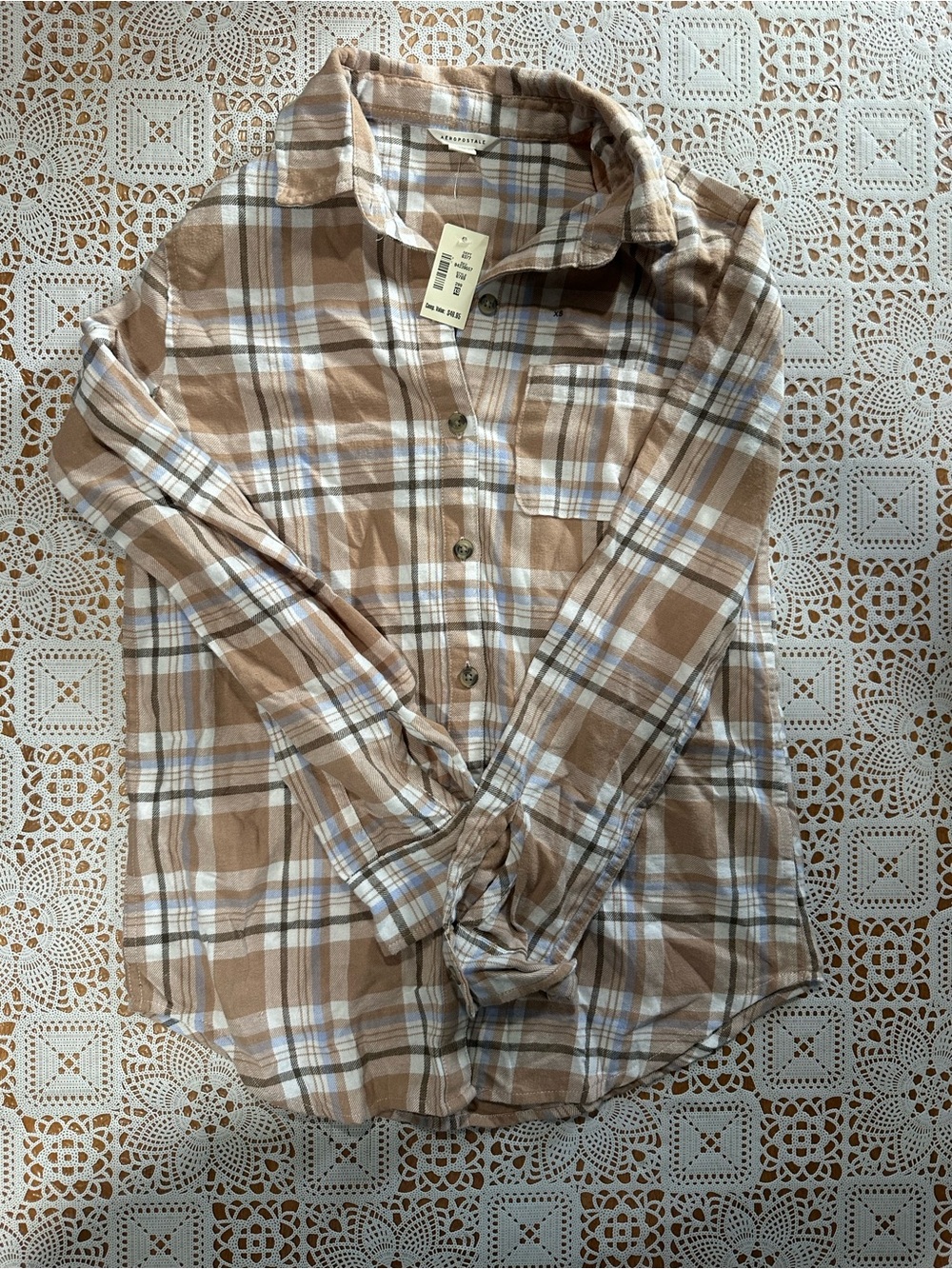 Aeropostale XS Brown Blue Plaid Long Sleeve Button Front Shirt